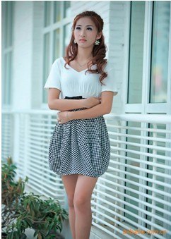 供应Q1044韩版方格收腰连衣裙 大朗折扣女装店