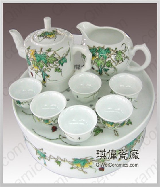 供应手绘青花茶具 手绘粉彩茶具 中国红茶具 青花玲珑茶具 