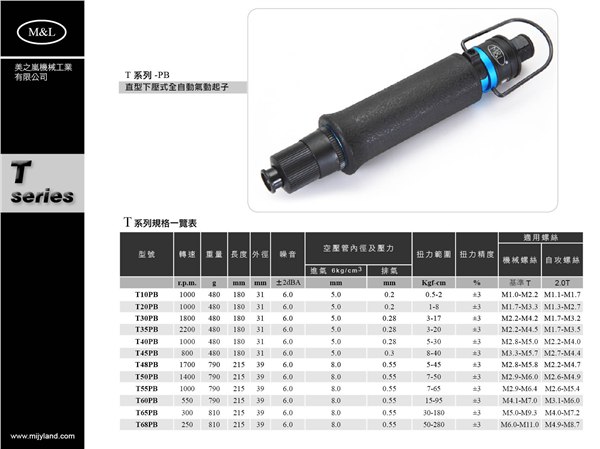 供应美之岚气动起子T50PB下压式T50LB手压式T50AB弯头式