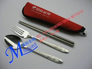 创意布包不锈钢餐具三件套装,旅游餐具，多用餐具组，折叠餐具组