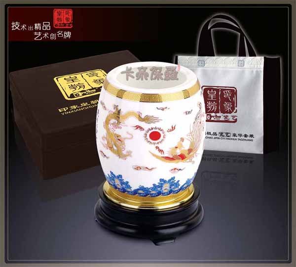 金运龙凤旋转笔筒 青花瓷礼品 中国风礼品陶瓷礼品 骨瓷礼品 皮具礼品促销