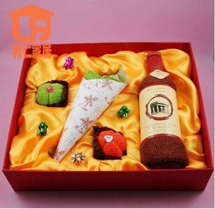 石磊蛋糕毛巾精装红酒商务套装婚庆礼品毛巾
