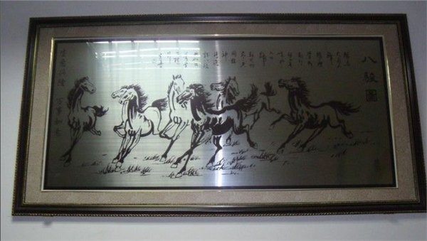 不锈钢蚀刻画山水画-不锈钢腐蚀八骏图山水画加工销售-可来图定制