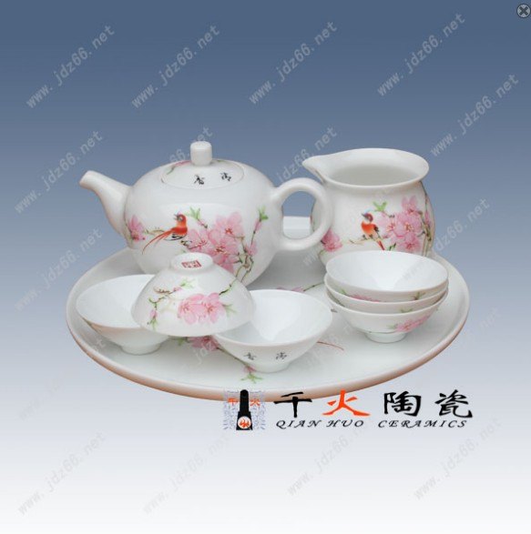 供应手绘水点桃花茶具 高档礼品茶具套装