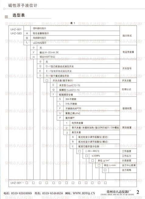 磁性浮子液位计选型表