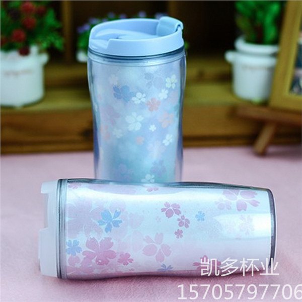 塑料广告杯双层夹纸杯星巴克樱花杯