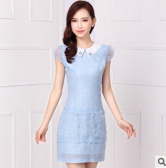 2014夏装欧根纱拼接蕾丝连衣裙女装短袖绣花修身连衣裙