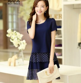 2014夏装新款大码女装雪纺连衣裙短袖淑女假两件甜美圆点