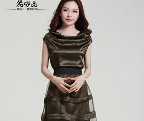2014夏装新款女装OL气质网纱拼接修身大码真丝连衣裙