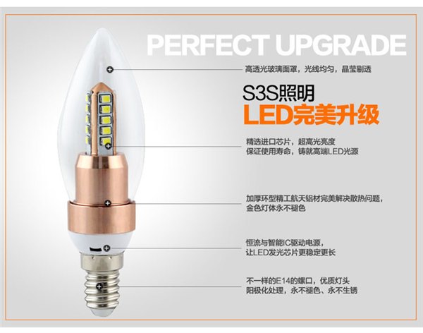 全新装饰蜡烛灯 e14LED灯泡 e14尖泡批发