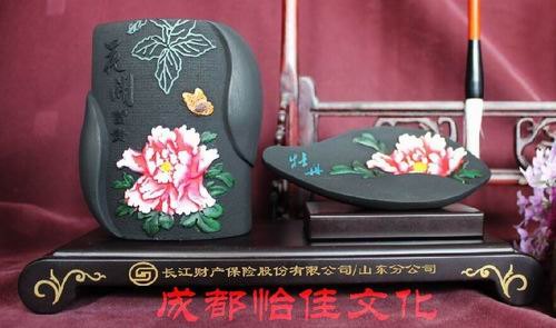 创意笔筒摆件公司年会礼品活性炭雕牡丹笔筒套装批发定制