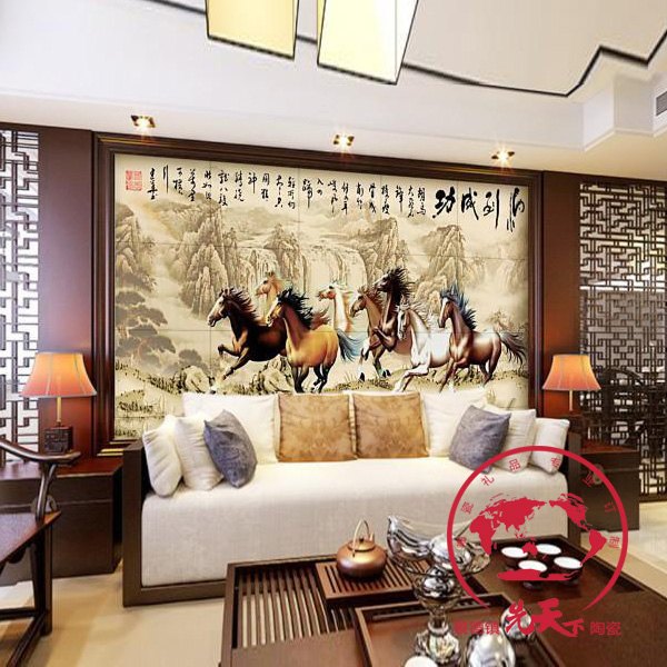 个性定制八骏图陶瓷背景墙大型陶瓷壁画厂家
