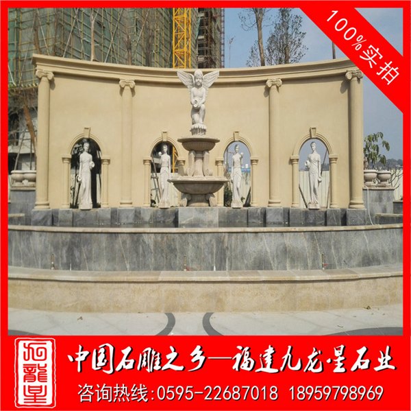 精品石雕水钵 黄锈石喷泉 人物喷水池 美观大气