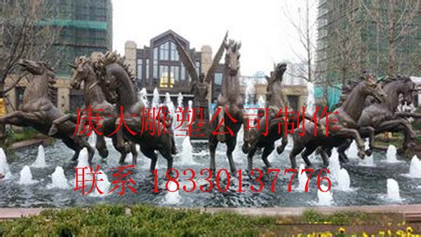 欧式动物奔马喷水池雕塑，大型工程雕塑，大型铜马喷泉雕塑，马拉车雕塑