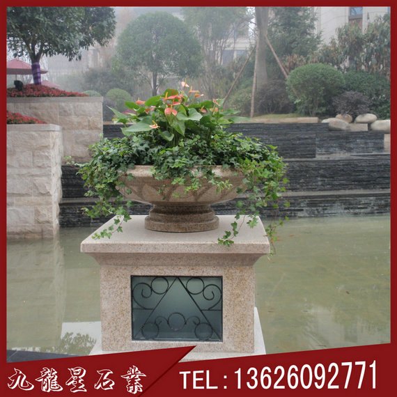 黄锈石花钵 雕刻石花坛 石刻圆花盆
