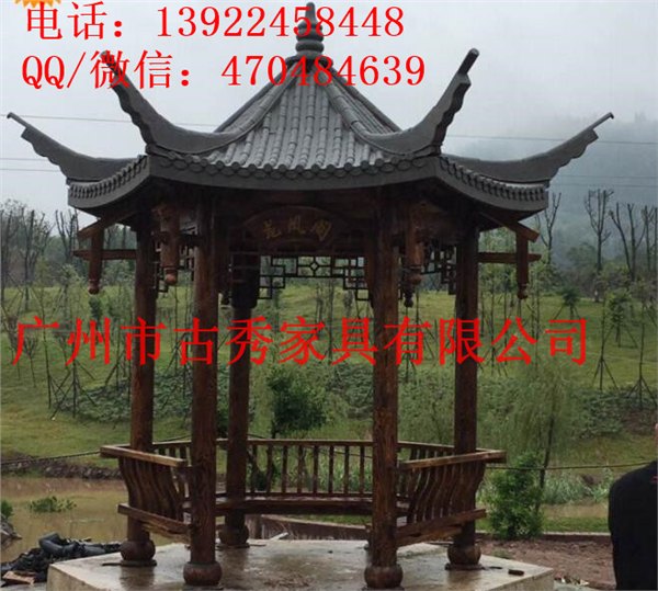 公园中式古建木制六角凉亭