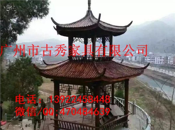 旅游区双层景观瞭望亭，山顶带楼梯木制里凉亭