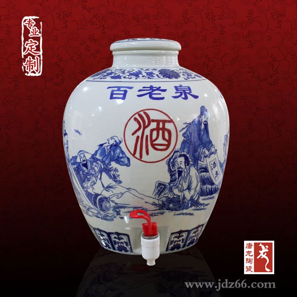 青花瓷手绘储酒坛子15斤装带密封圈，景德镇陶瓷大酒缸定做