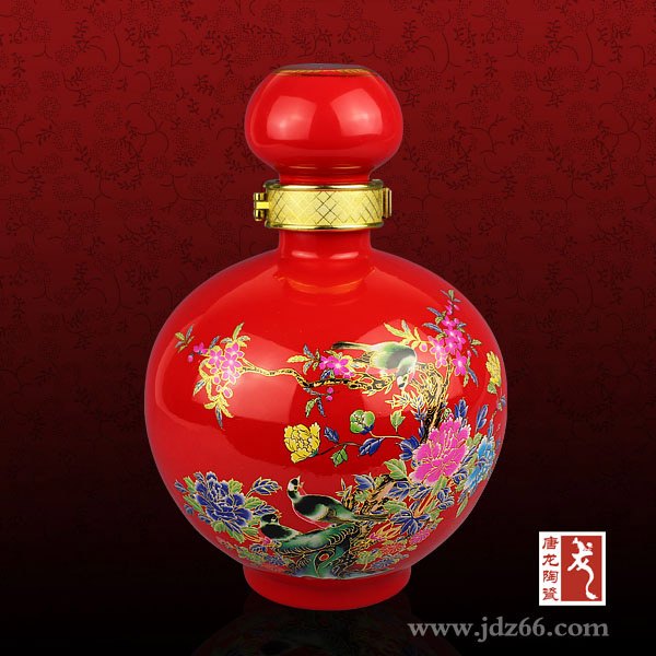密封陶瓷装酒坛子不漏酒，中国红陶瓷酒瓶子定做图片