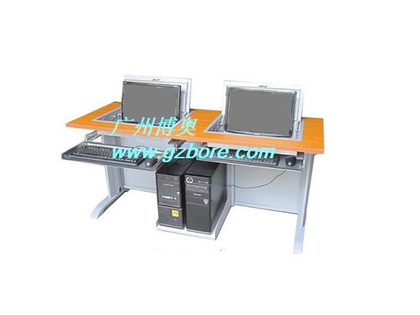 广州博奥BRZE-3W钢木双位半嵌式显示器翻转电脑桌