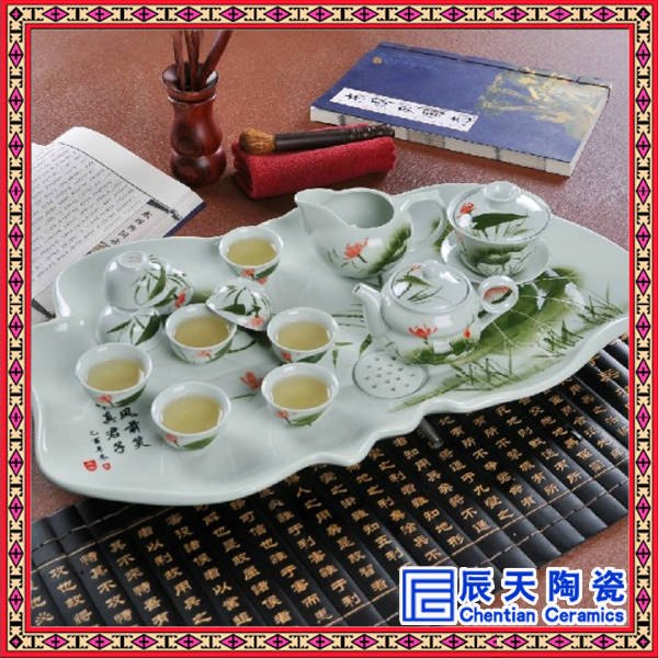 青瓷茶具整套景德镇双层杯功夫茶具 整套青花瓷礼品陶瓷茶具茶盘